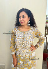 Palak Grey/Yellow Mulmul Chikankari kurti